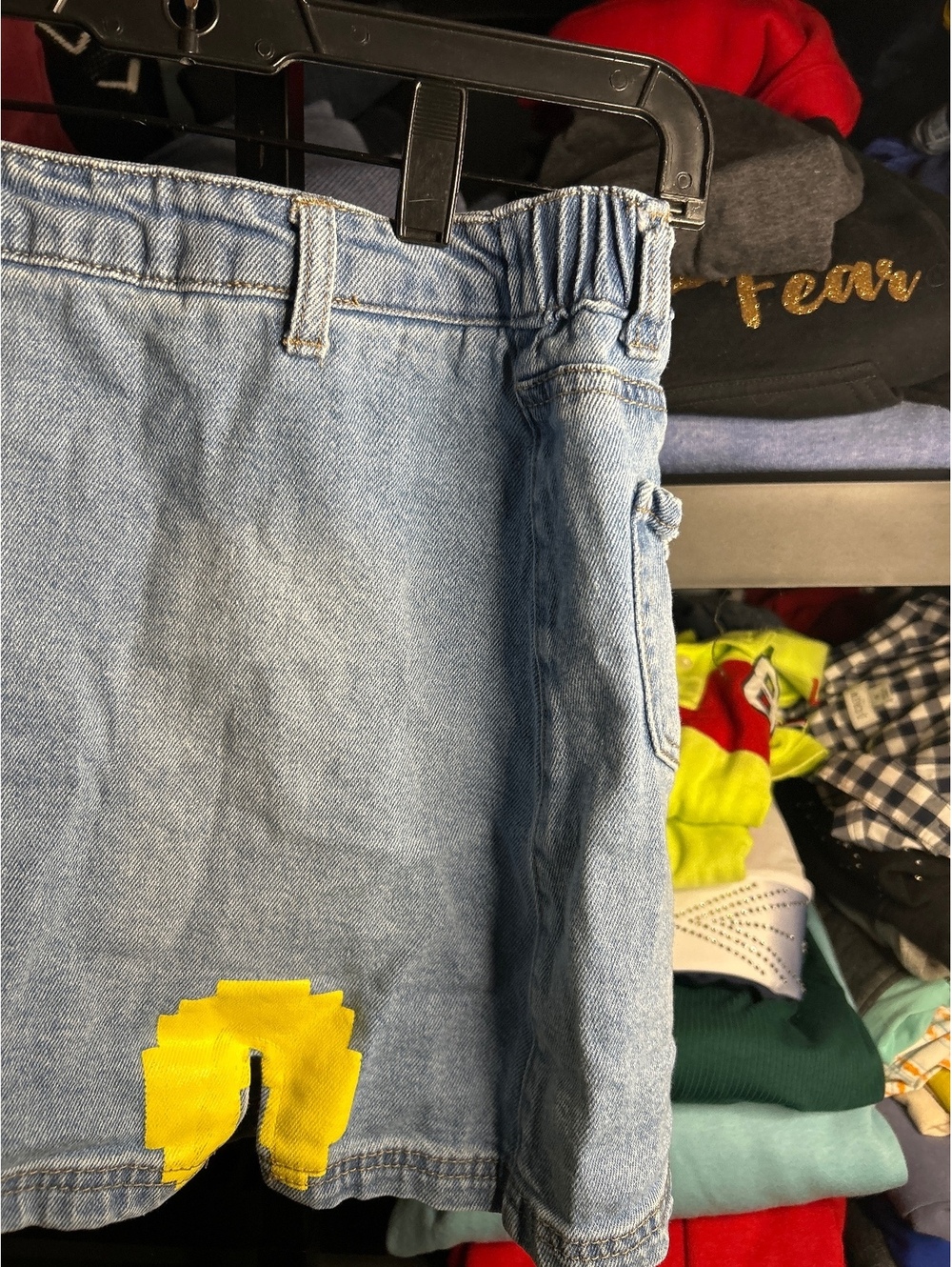 Light Blue Denim Skirt with Yellow and Pink Patches, Size L (12/14)